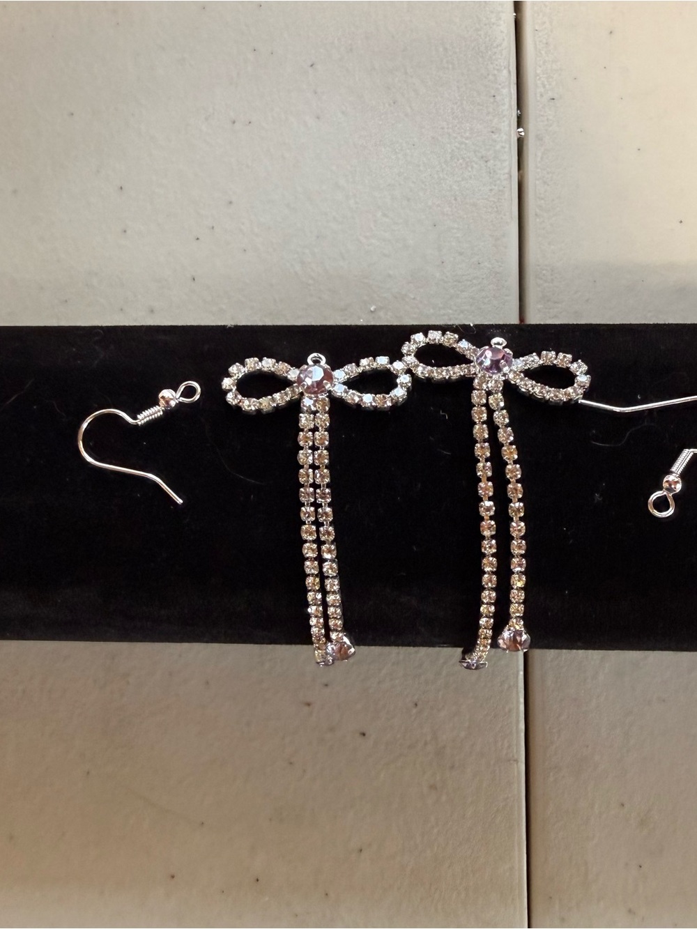 Rhinestone Bow Drop Earrings - Sparkling Silver Tone